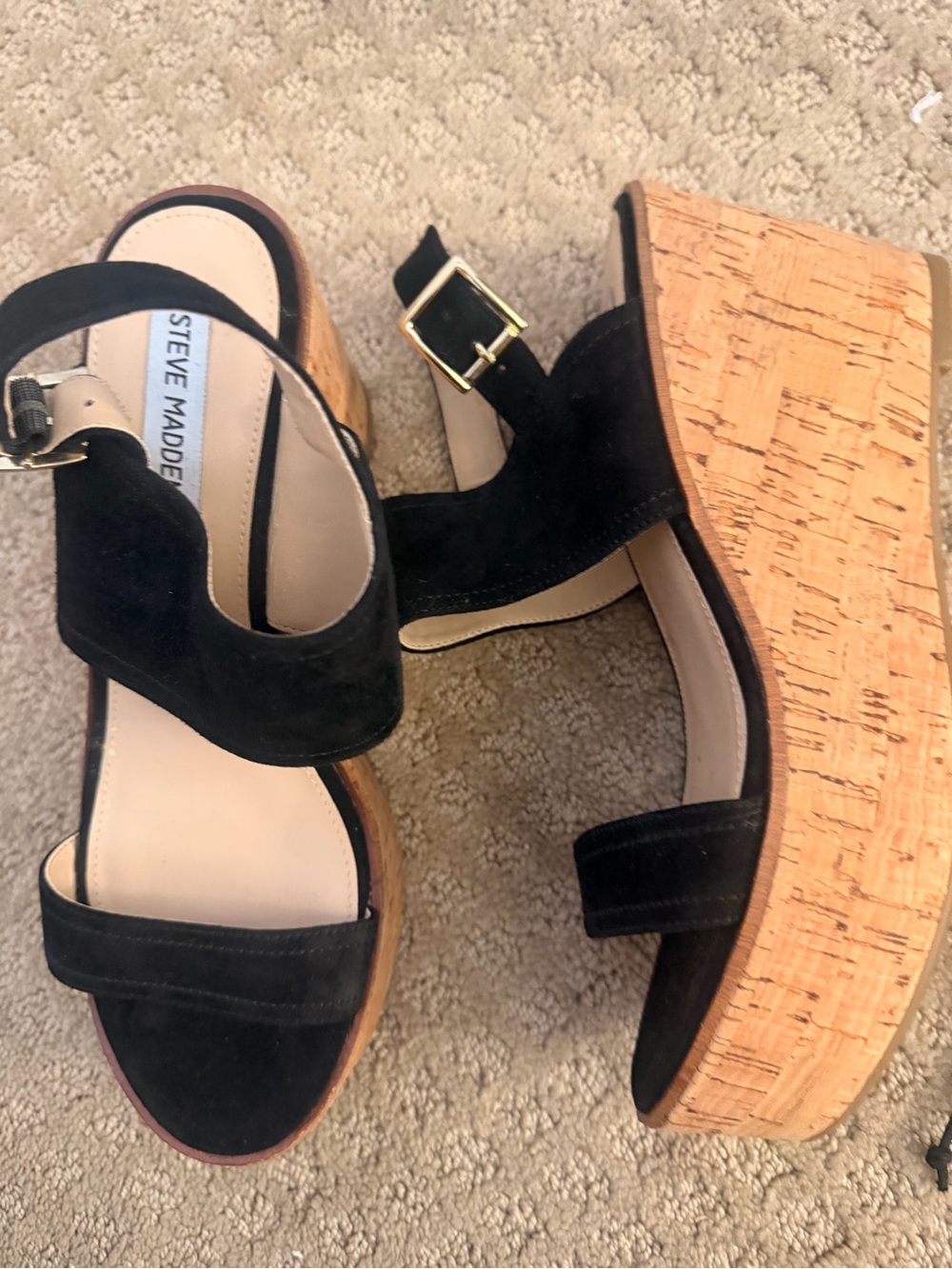 Steve Madden Black Suede Cork Platform Sandals 8.5